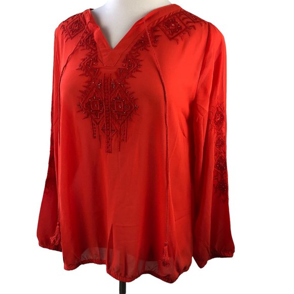Lane Bryant Artist Top Beaded Embroidered Sheer Blouse Orange Red Size 14/16 - Picture 6 of 6